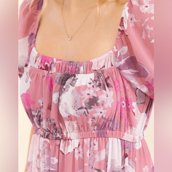 “Pink Floral Midi Dress Cottagecore Boho Square Neck Elastic Waist Size S” - Picture 7 of 7